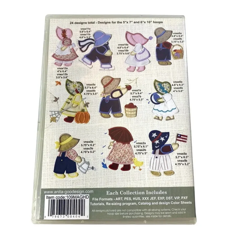 Anita Goodesign Sunbonnet Sue And Sam CD New Cottagecore Whimsical Embroidery